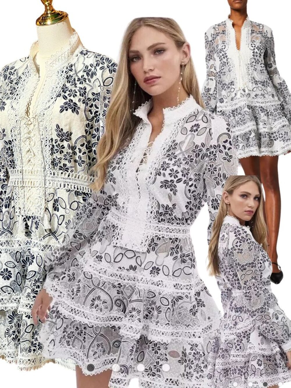 🆕 BRONX & BANCO 🧿 NWOT Santorini Long-Sleeve Tiered Floral Burnout Dress, Sz M